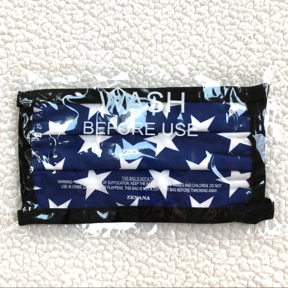 🔴 5 for $10 ONE Zenana Blue Star Print Face Mask Reusable Cotton Lined Washable